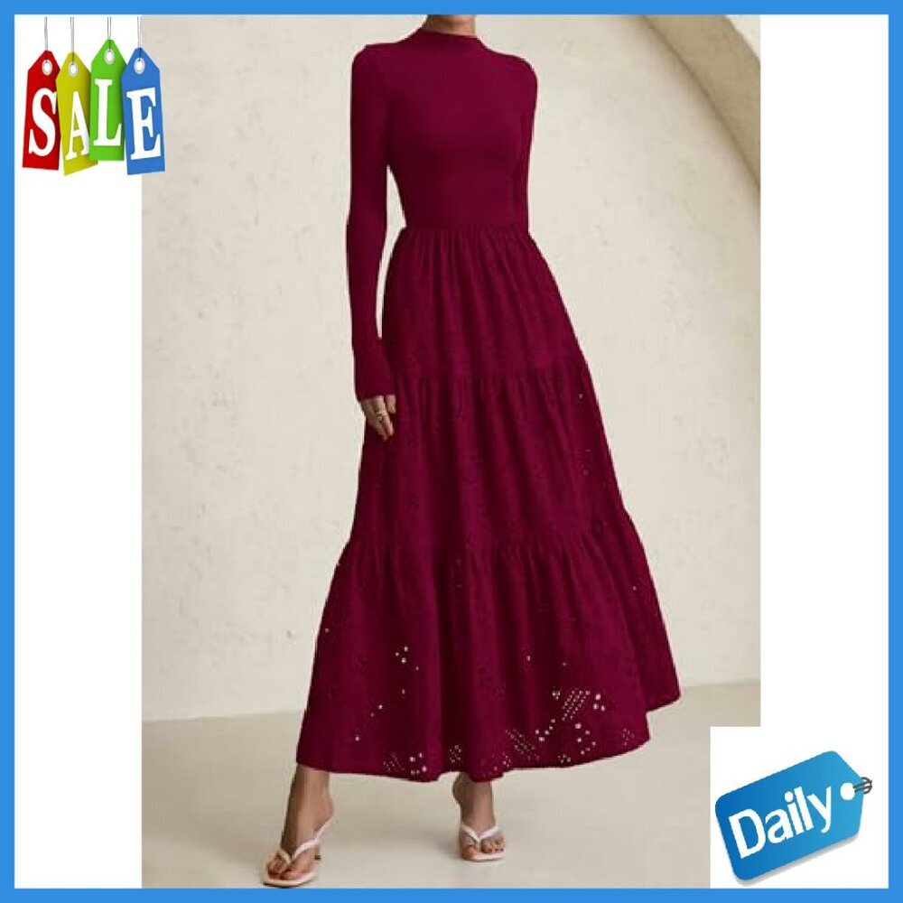 Long Sleeve Maxi Dress Mock Neck Eyelet Embroidery A-Line Wedding Guest - Picture 3 of 8